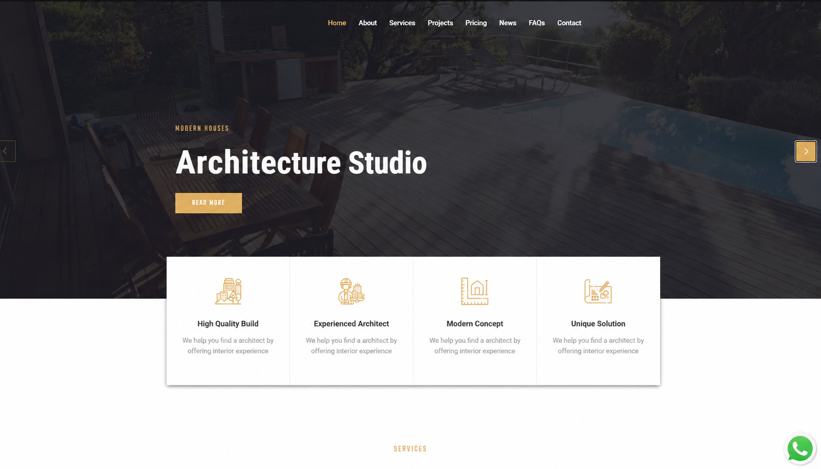 Architecture website sample with a poolside terrace hero, architecture studio heading, project navigation, and service highlights.