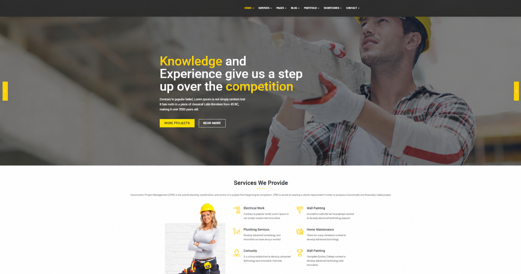 Construction company website sample with a worker hero photograph, project and service links, and a construction services overview.